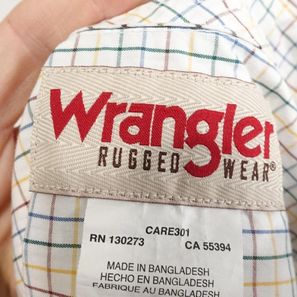 Wrangler Shirt Mens 3XL White Check Long Sleeve Button-Up Cotton Casual Pocket